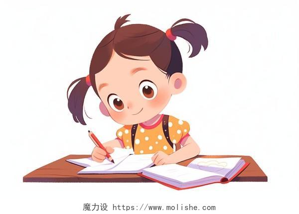 一个可爱的小女孩在书桌上写作业卡通AI插画学习儿童教育
